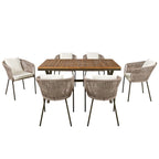 Ensemble de salle à manger d'extérieur 7 pièces avec structure en métal, 6 chaises rembourrées et plateau en bois d'acacia