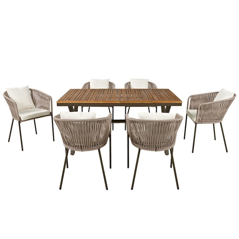 Ensemble de salle à manger d'extérieur 7 pièces avec structure en métal, 6 chaises rembourrées et plateau en bois d'acacia