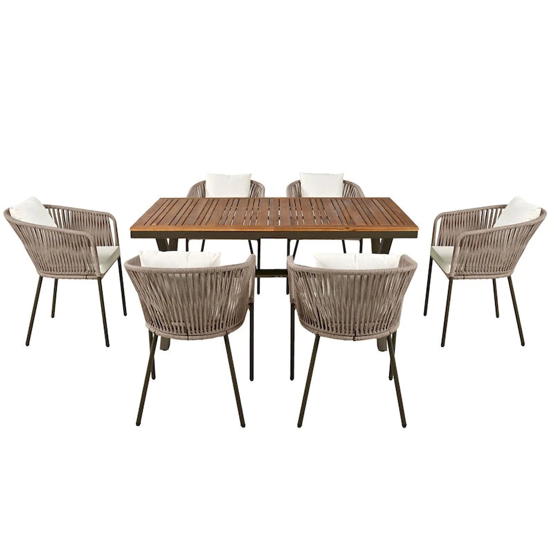 Ensemble de salle à manger d'extérieur 7 pièces avec structure en métal, 6 chaises rembourrées et plateau en bois d'acacia
