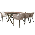 Ensemble de salle à manger d'extérieur 7 pièces avec structure en métal, 6 chaises rembourrées et plateau en bois d'acacia