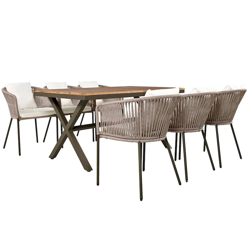 Ensemble de salle à manger d'extérieur 7 pièces avec structure en métal, 6 chaises rembourrées et plateau en bois d'acacia