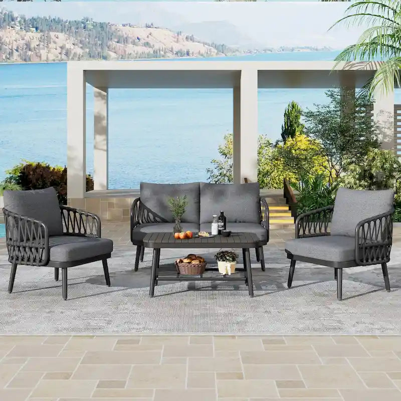 Ensemble de mobilier de patio extérieur 4 pièces, ensemble de meubles sectionnels résistants aux intempéries avec chaises en corde tressée et table basse