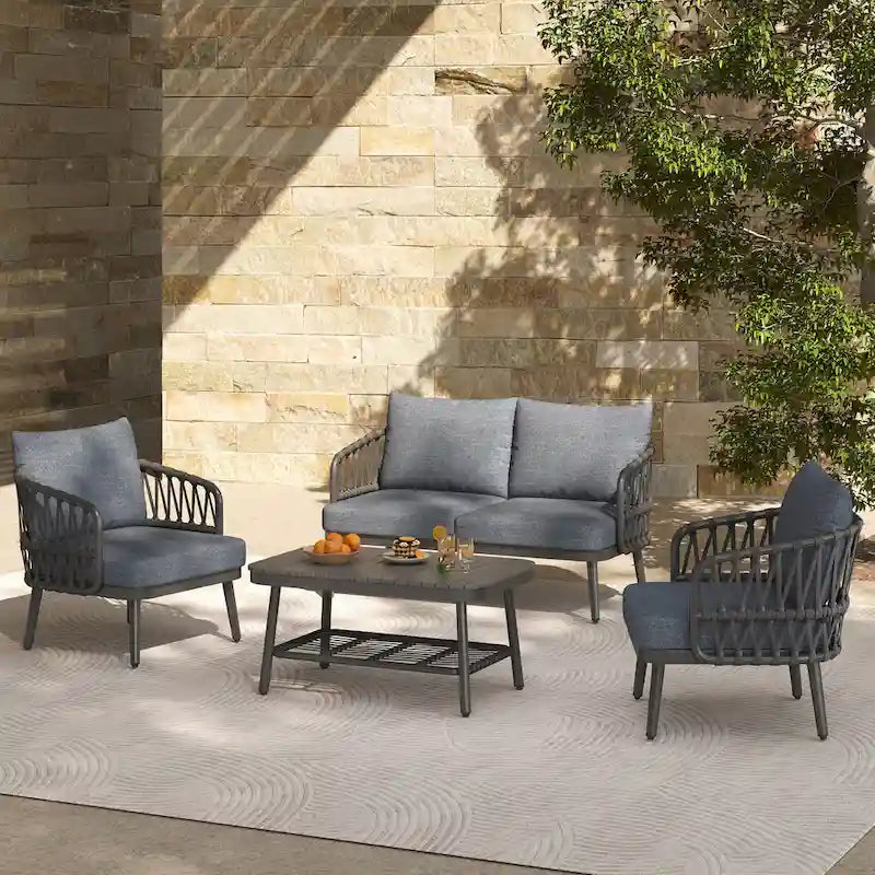 Ensemble de mobilier de patio extérieur 4 pièces, ensemble de meubles sectionnels résistants aux intempéries avec chaises en corde tressée et table basse