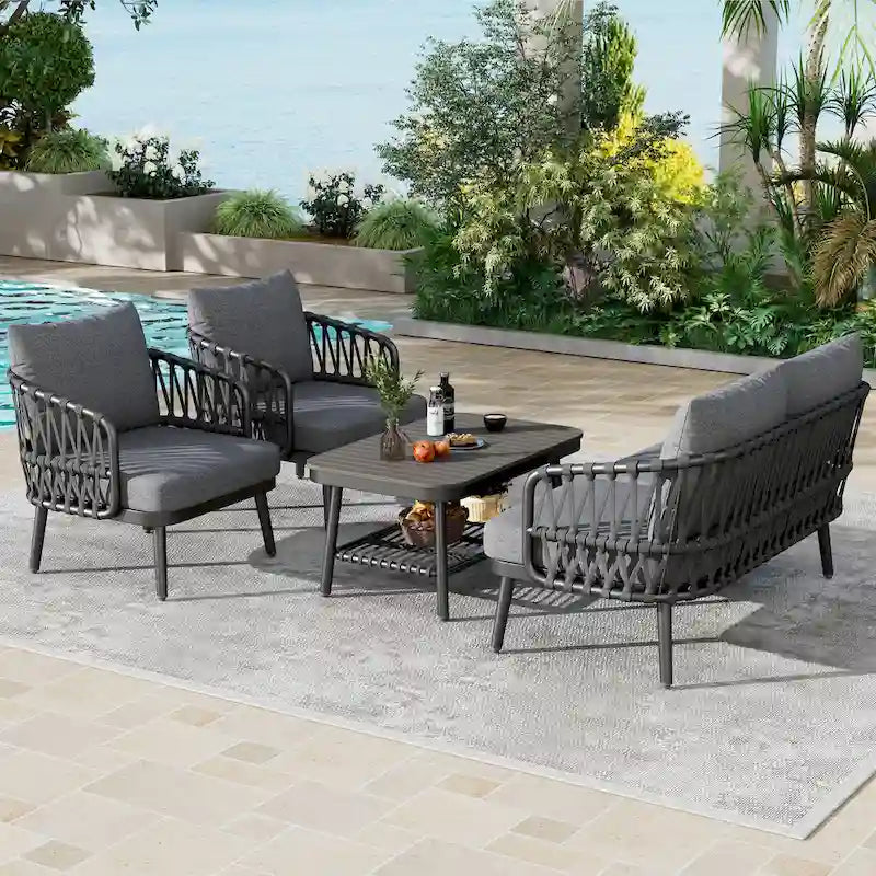 Ensemble de mobilier de patio extérieur 4 pièces, ensemble de meubles sectionnels résistants aux intempéries avec chaises en corde tressée et table basse