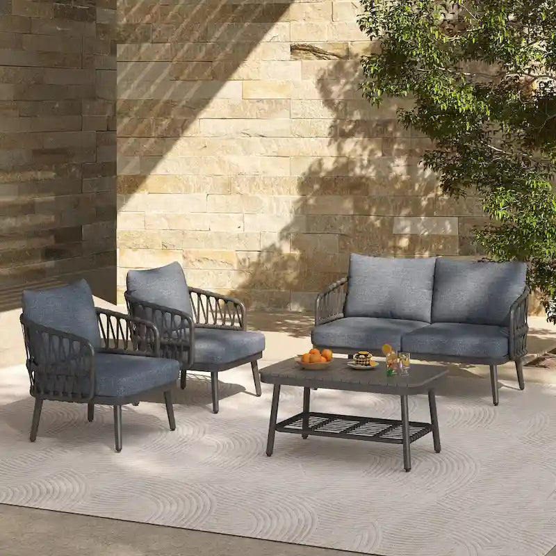 Ensemble de mobilier de patio extérieur 4 pièces, ensemble de meubles sectionnels résistants aux intempéries avec chaises en corde tressée et table basse