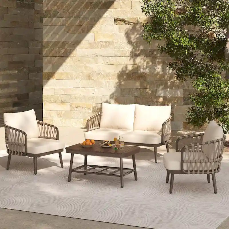 Ensemble de mobilier de patio extérieur 4 pièces, ensemble de meubles sectionnels résistants aux intempéries avec chaises en corde tressée et table basse