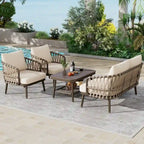 Ensemble de mobilier de patio extérieur 4 pièces, ensemble de meubles sectionnels résistants aux intempéries avec chaises en corde tressée et table basse