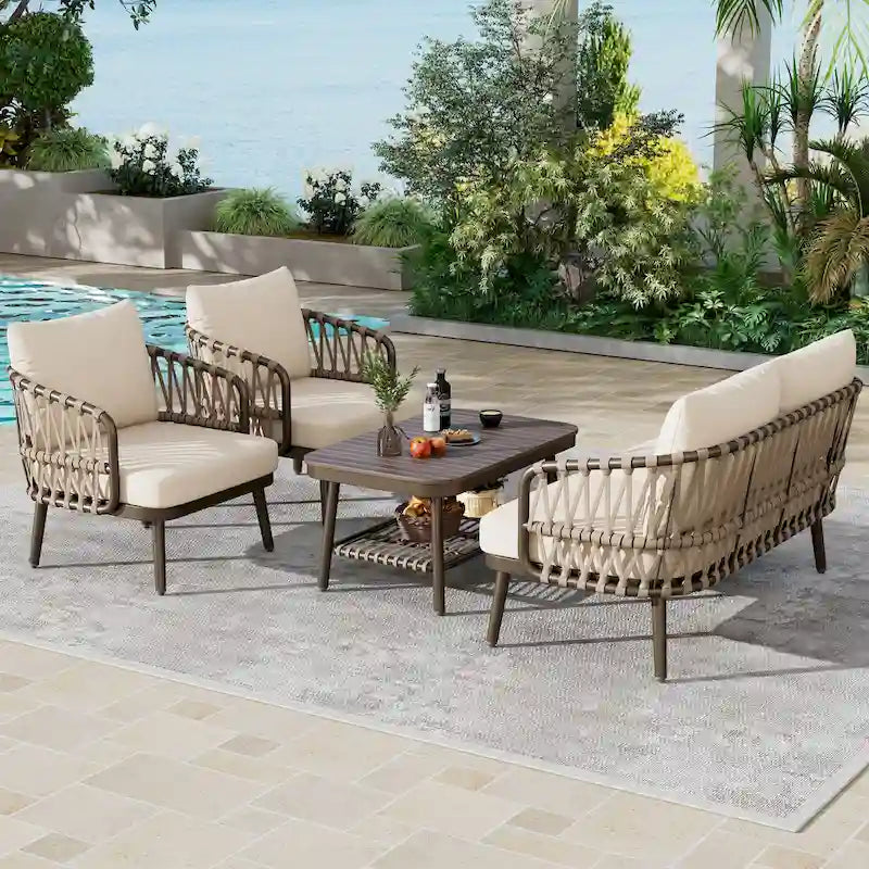 Ensemble de mobilier de patio extérieur 4 pièces, ensemble de meubles sectionnels résistants aux intempéries avec chaises en corde tressée et table basse