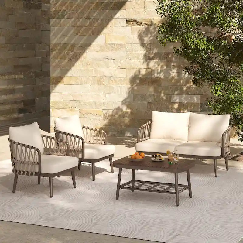 Ensemble de mobilier de patio extérieur 4 pièces, ensemble de meubles sectionnels résistants aux intempéries avec chaises en corde tressée et table basse