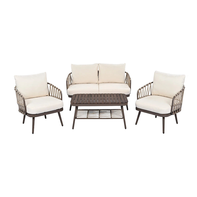 Ensemble de mobilier de patio extérieur 4 pièces, ensemble de meubles sectionnels résistants aux intempéries avec chaises en corde tressée et table basse