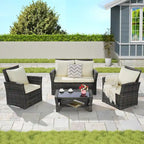 Ensemble de mobilier de patio 4 pièces, canapé d'extérieur en rotin tressé avec coussins résistants à l'eau et table basse en verre trempé