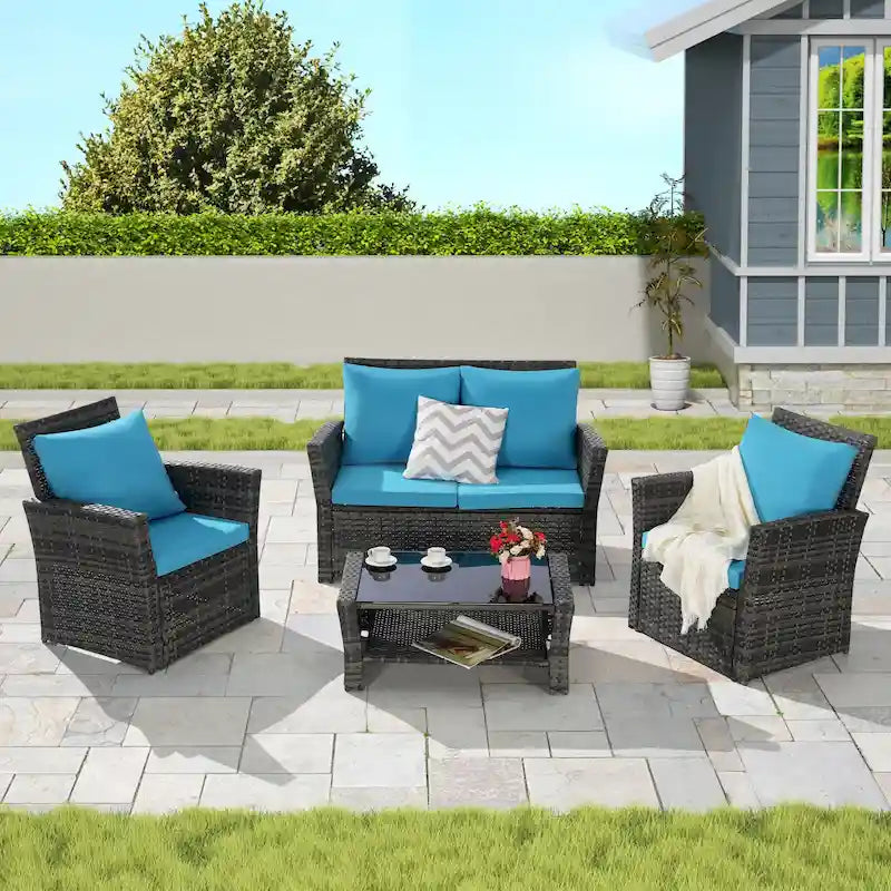 Ensemble de mobilier de patio 4 pièces, canapé d'extérieur en rotin tressé avec coussins résistants à l'eau et table basse en verre trempé