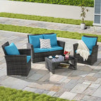 Ensemble de mobilier de patio 4 pièces, canapé d'extérieur en rotin tressé avec coussins résistants à l'eau et table basse en verre trempé