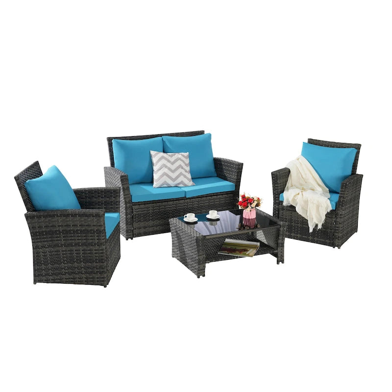 Ensemble de mobilier de patio 4 pièces, canapé d'extérieur en rotin tressé avec coussins résistants à l'eau et table basse en verre trempé
