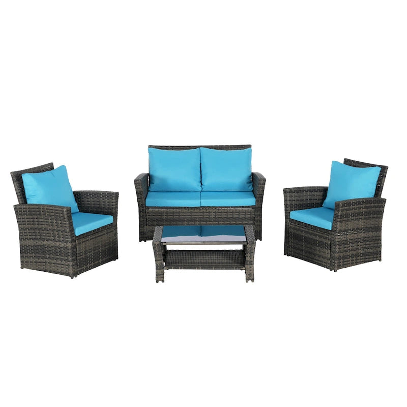 Ensemble de mobilier de patio 4 pièces, canapé d'extérieur en rotin tressé avec coussins résistants à l'eau et table basse en verre trempé