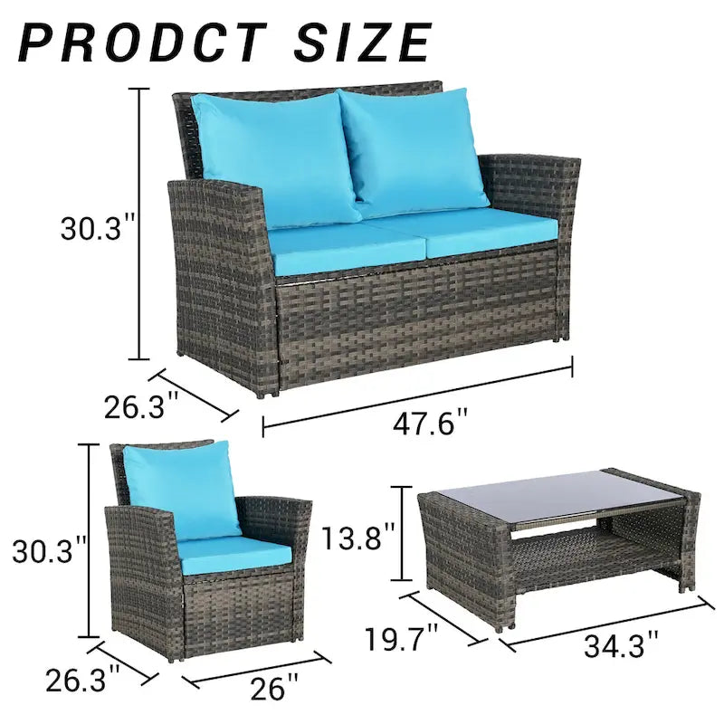 Ensemble de mobilier de patio 4 pièces, canapé d'extérieur en rotin tressé avec coussins résistants à l'eau et table basse en verre trempé