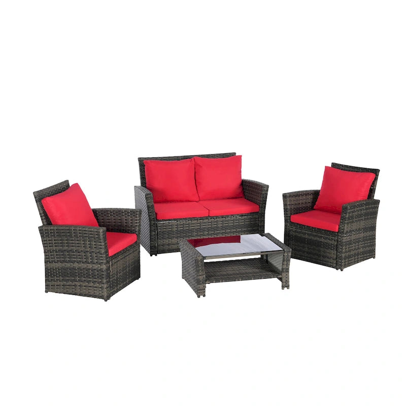 Ensemble de mobilier de patio 4 pièces, canapé d'extérieur en rotin tressé avec coussins résistants à l'eau et table basse en verre trempé