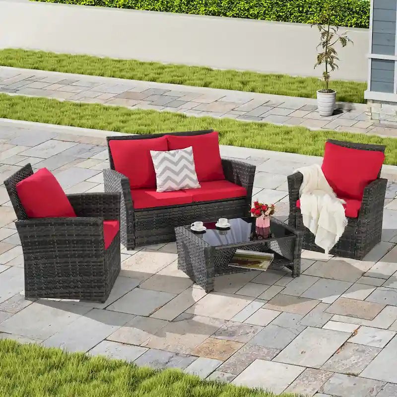Ensemble de mobilier de patio 4 pièces, canapé d'extérieur en rotin tressé avec coussins résistants à l'eau et table basse en verre trempé