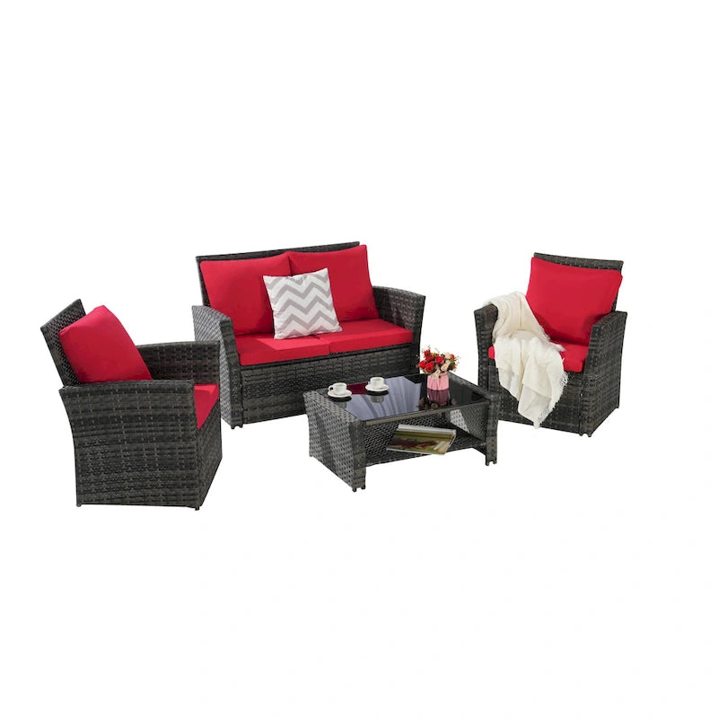 Ensemble de mobilier de patio 4 pièces, canapé d'extérieur en rotin tressé avec coussins résistants à l'eau et table basse en verre trempé