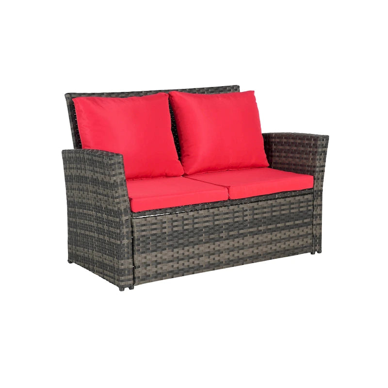 Ensemble de mobilier de patio 4 pièces, canapé d'extérieur en rotin tressé avec coussins résistants à l'eau et table basse en verre trempé