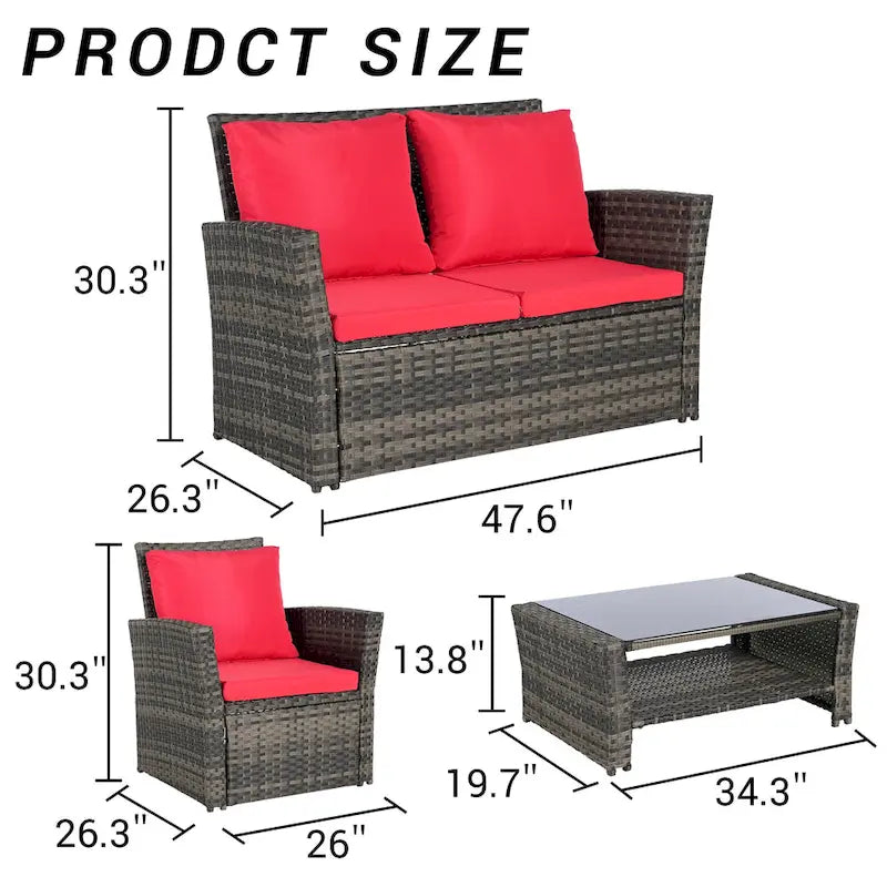 Ensemble de mobilier de patio 4 pièces, canapé d'extérieur en rotin tressé avec coussins résistants à l'eau et table basse en verre trempé