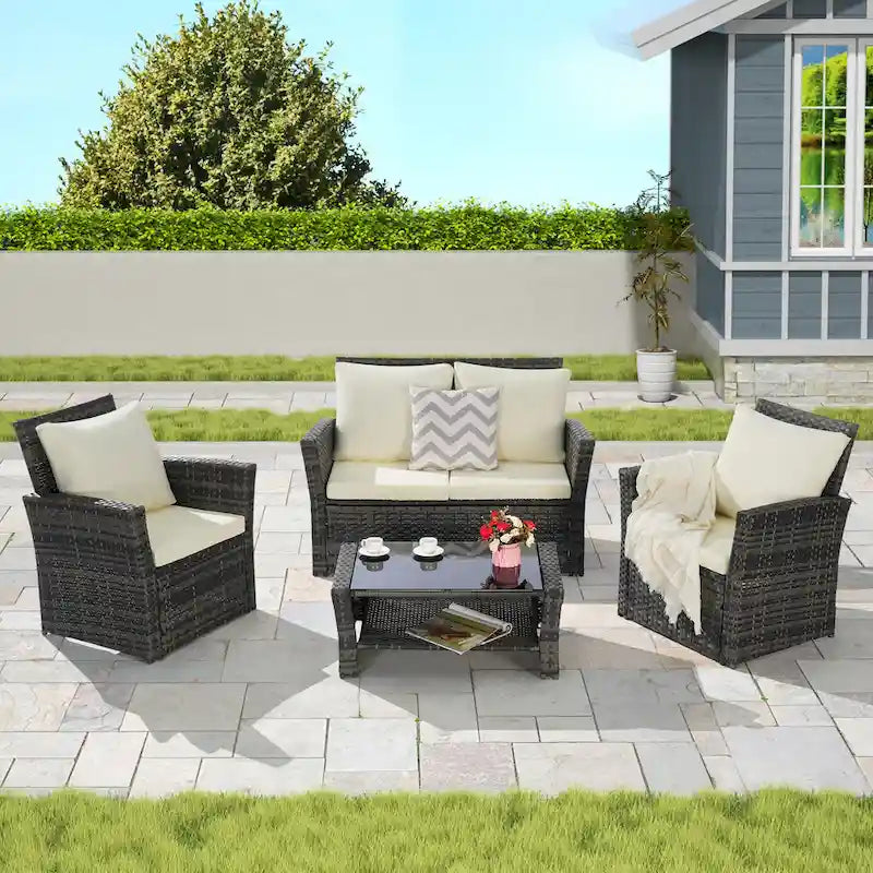 Ensemble de mobilier de patio 4 pièces, canapé d'extérieur en rotin tressé avec coussins résistants à l'eau et table basse en verre trempé