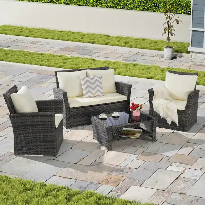 Ensemble de mobilier de patio 4 pièces, canapé d'extérieur en rotin tressé avec coussins résistants à l'eau et table basse en verre trempé