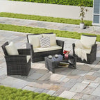 Ensemble de mobilier de patio 4 pièces, canapé d'extérieur en rotin tressé avec coussins résistants à l'eau et table basse en verre trempé