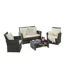 Ensemble de mobilier de patio 4 pièces, canapé d'extérieur en rotin tressé avec coussins résistants à l'eau et table basse en verre trempé