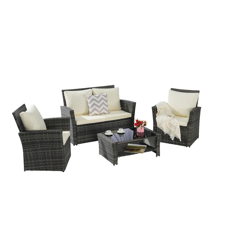 Ensemble de mobilier de patio 4 pièces, canapé d'extérieur en rotin tressé avec coussins résistants à l'eau et table basse en verre trempé