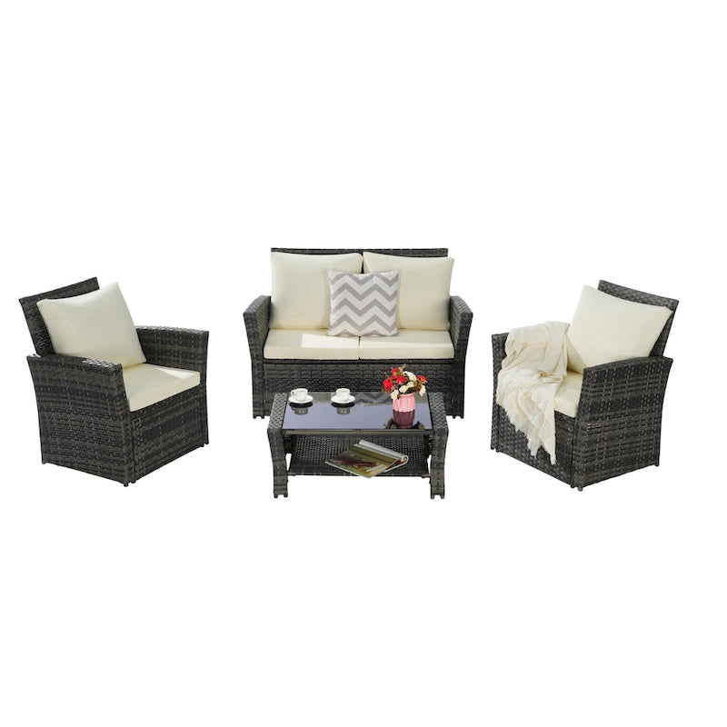 Ensemble de mobilier de patio 4 pièces, canapé d'extérieur en rotin tressé avec coussins résistants à l'eau et table basse en verre trempé