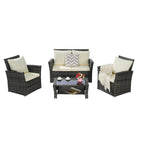 Ensemble de mobilier de patio 4 pièces, canapé d'extérieur en rotin tressé avec coussins résistants à l'eau et table basse en verre trempé