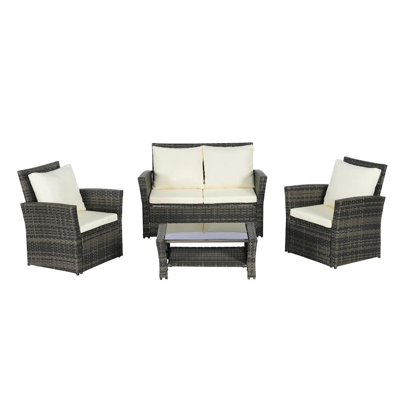 Ensemble de mobilier de patio 4 pièces, canapé d'extérieur en rotin tressé avec coussins résistants à l'eau et table basse en verre trempé