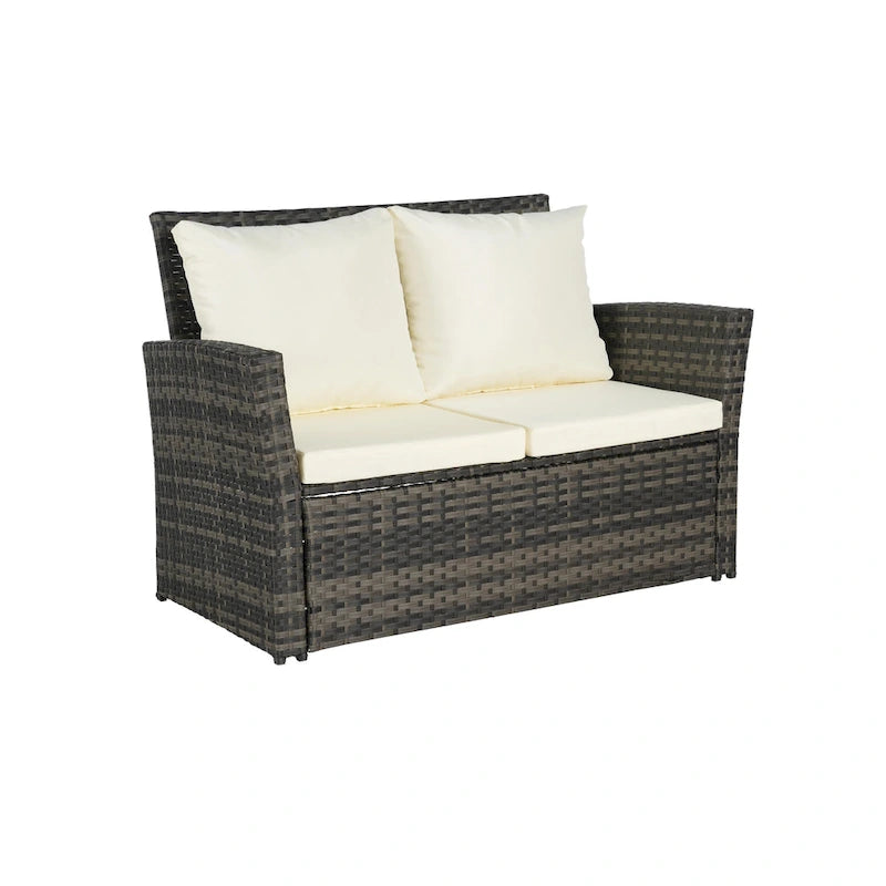 Ensemble de mobilier de patio 4 pièces, canapé d'extérieur en rotin tressé avec coussins résistants à l'eau et table basse en verre trempé