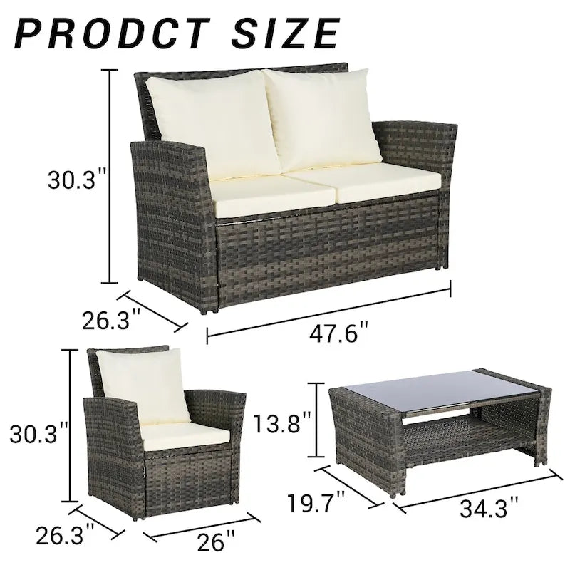 Ensemble de mobilier de patio 4 pièces, canapé d'extérieur en rotin tressé avec coussins résistants à l'eau et table basse en verre trempé