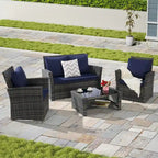 Ensemble de mobilier de patio 4 pièces, canapé d'extérieur en rotin tressé avec coussins résistants à l'eau et table basse en verre trempé