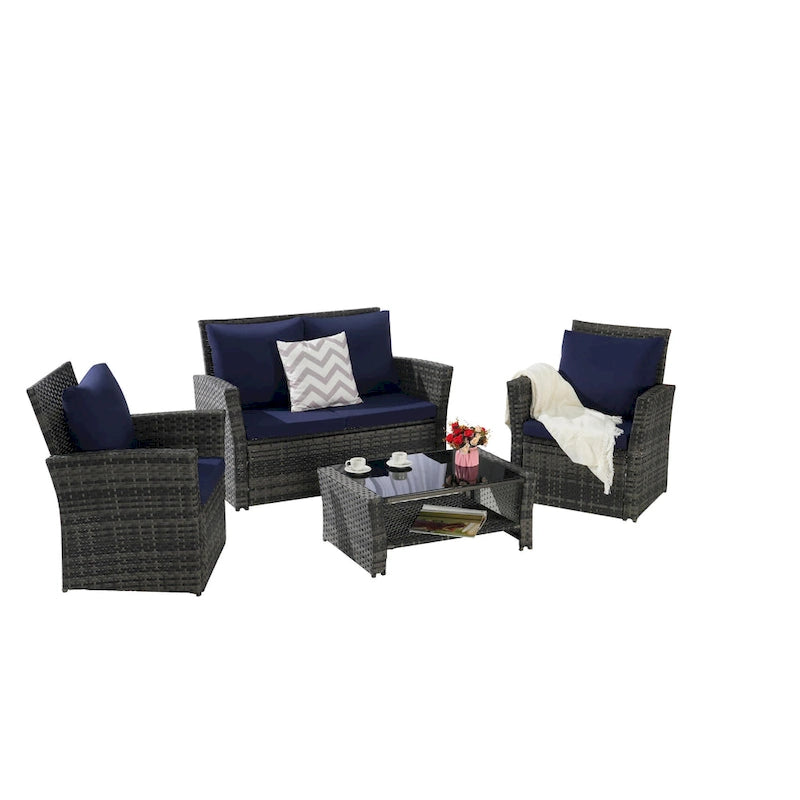 Ensemble de mobilier de patio 4 pièces, canapé d'extérieur en rotin tressé avec coussins résistants à l'eau et table basse en verre trempé