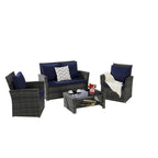 Ensemble de mobilier de patio 4 pièces, canapé d'extérieur en rotin tressé avec coussins résistants à l'eau et table basse en verre trempé