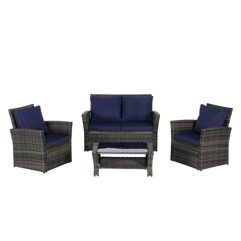 Ensemble de mobilier de patio 4 pièces, canapé d'extérieur en rotin tressé avec coussins résistants à l'eau et table basse en verre trempé