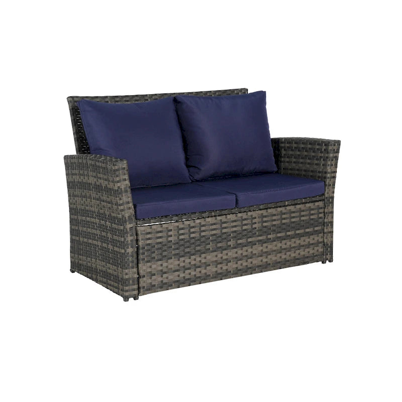 Ensemble de mobilier de patio 4 pièces, canapé d'extérieur en rotin tressé avec coussins résistants à l'eau et table basse en verre trempé