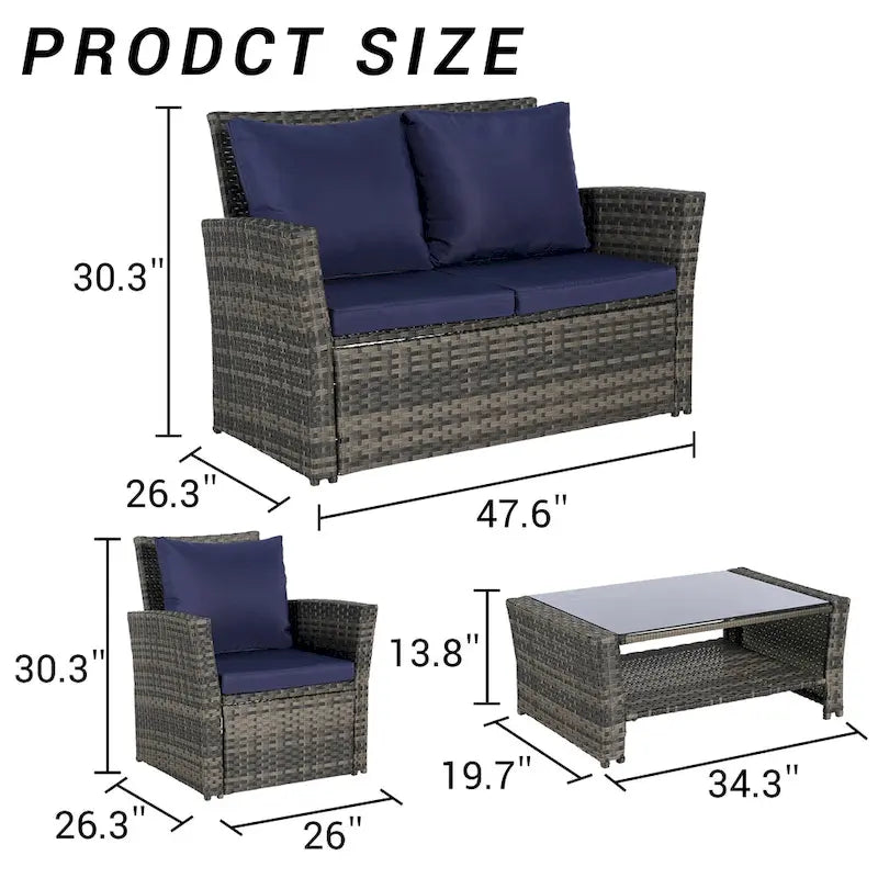 Ensemble de mobilier de patio 4 pièces, canapé d'extérieur en rotin tressé avec coussins résistants à l'eau et table basse en verre trempé