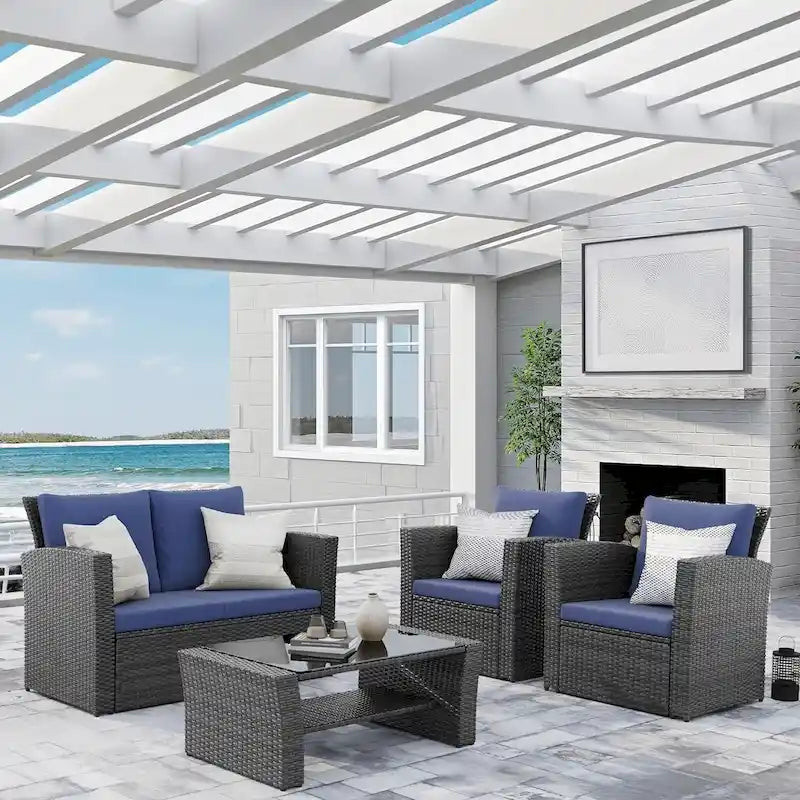 Ensemble de mobilier de patio en résine tressée 4 pièces, canapé d'angle extérieur en rotin avec table basse en verre trempé et coussins