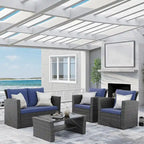 Ensemble de mobilier de patio en résine tressée 4 pièces, canapé d'angle extérieur en rotin avec table basse en verre trempé et coussins