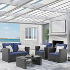 4 Piece Patio Wicker Furniture Set, Outdoor Rattan Sectional Sofa Set with Tempered Glass Coffee Table and Cushions