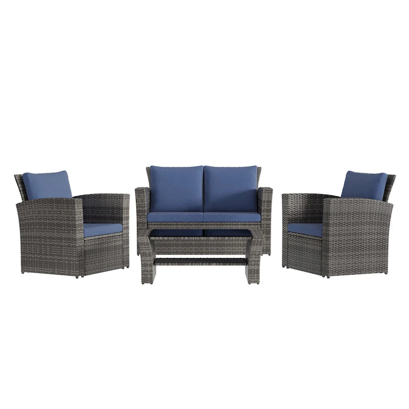 Ensemble de mobilier de patio en résine tressée 4 pièces, canapé d'angle extérieur en rotin avec table basse en verre trempé et coussins