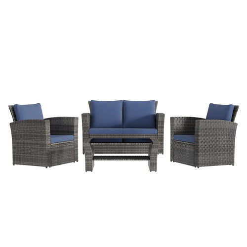 Ensemble de mobilier de patio en résine tressée 4 pièces, canapé d'angle extérieur en rotin avec table basse en verre trempé et coussins