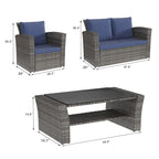 Ensemble de mobilier de patio en résine tressée 4 pièces, canapé d'angle extérieur en rotin avec table basse en verre trempé et coussins