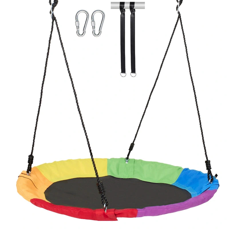 Balançoire ronde pour enfants, avec sangles de suspension et cordes multibrins réglables, idéale pour les activités de plein air.