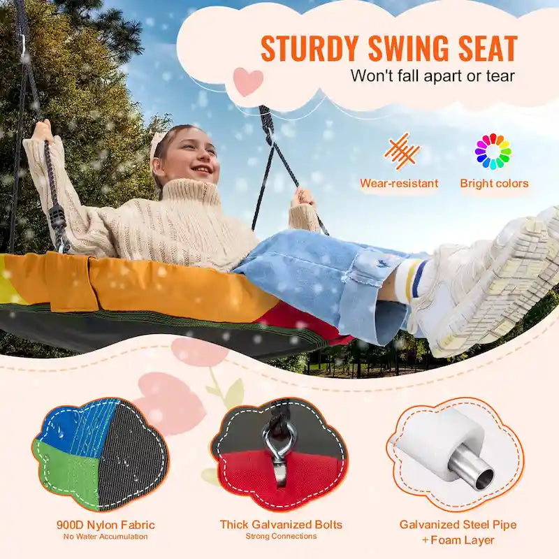 Balançoire ronde pour enfants, avec sangles de suspension et cordes multibrins réglables, idéale pour les activités de plein air.