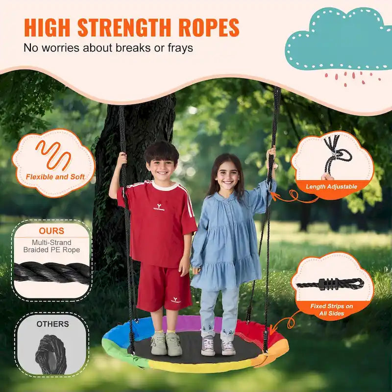 Balançoire ronde pour enfants, avec sangles de suspension et cordes multibrins réglables, idéale pour les activités de plein air.